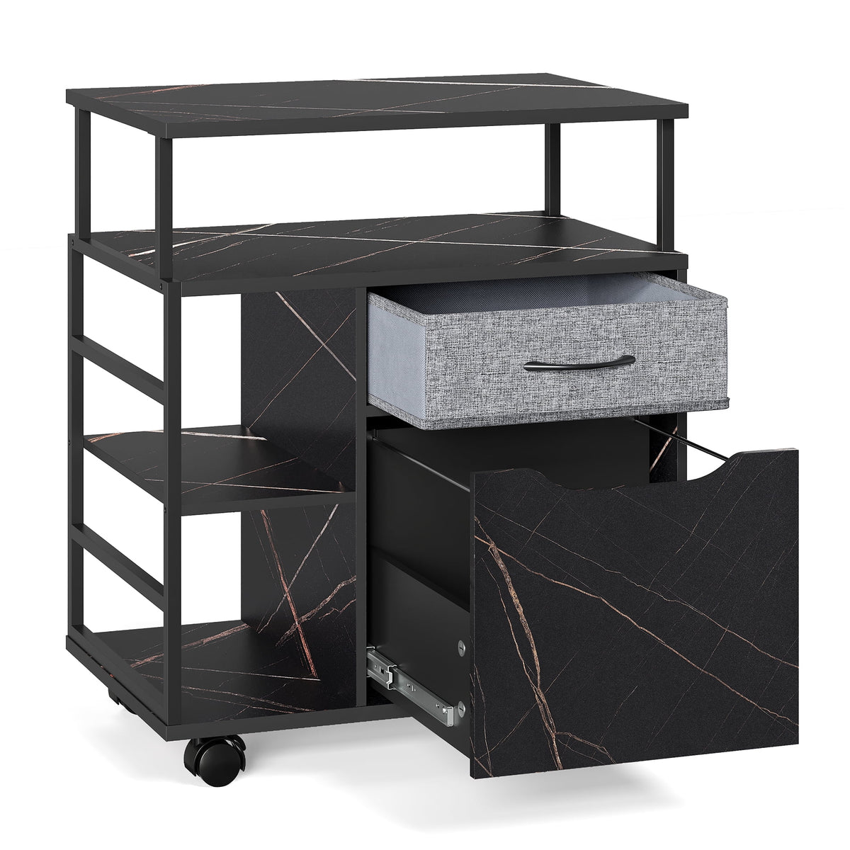 Black Marbled Mobile Office Storage Cabinet with Sliding Filing Drawers E97929