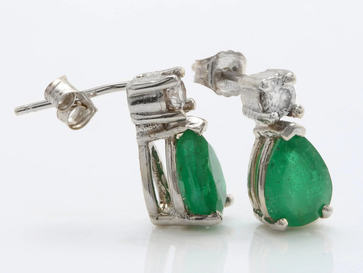 14K Solid White Gold Stud Earrings with Natural Emerald and Diamond N8969