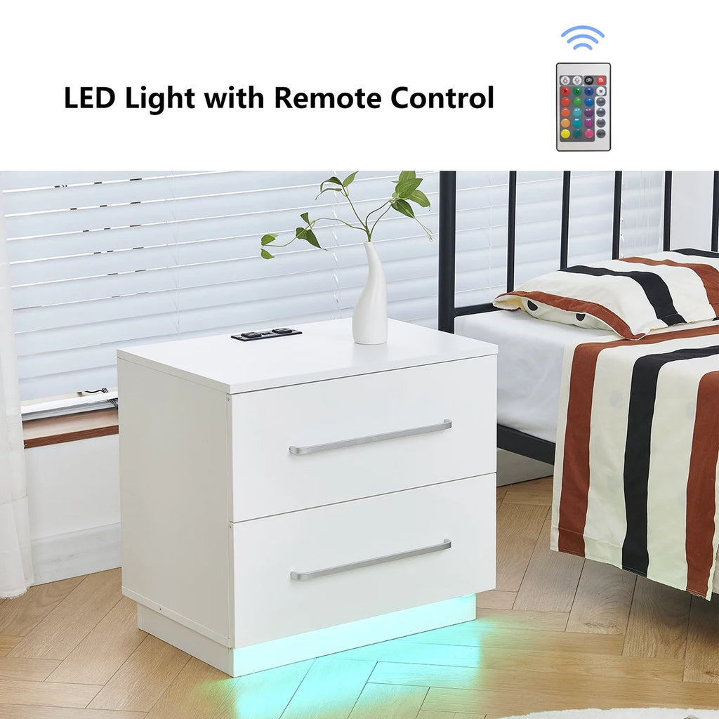 White High Gloss End Table with Charging Station and Storage Drawer O24834