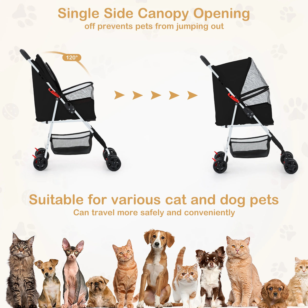 Folding Pet Stroller with Storage Basket, Black W733355