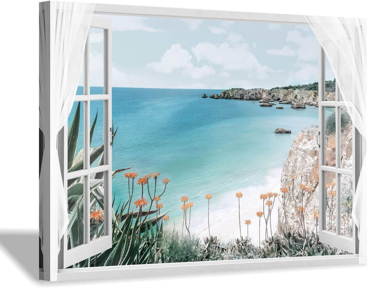 Blue Ocean Beach Window Canvas Art 36'' x 24'' I820652