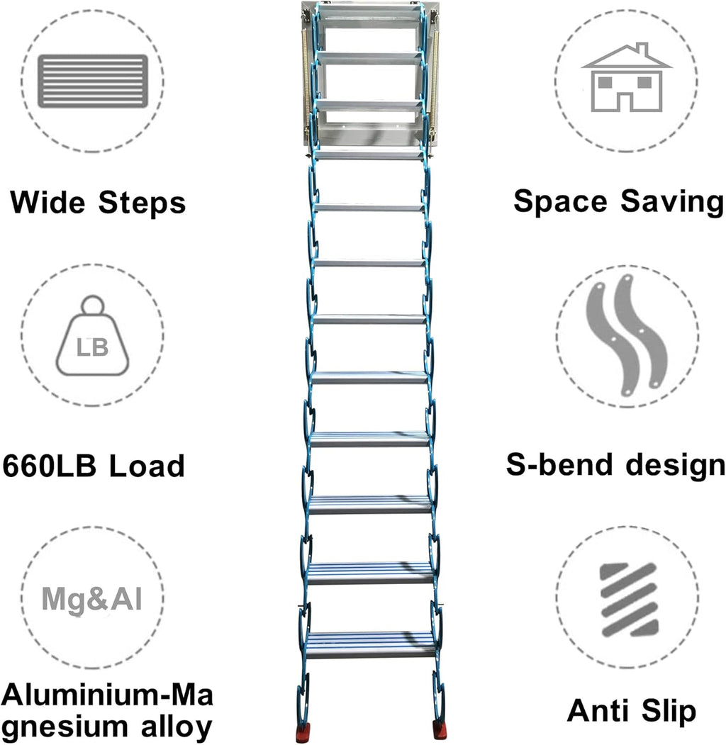 Blue 9.8ft Al-Mg Alloy Folding Attic Ladder with Armrests M719320
