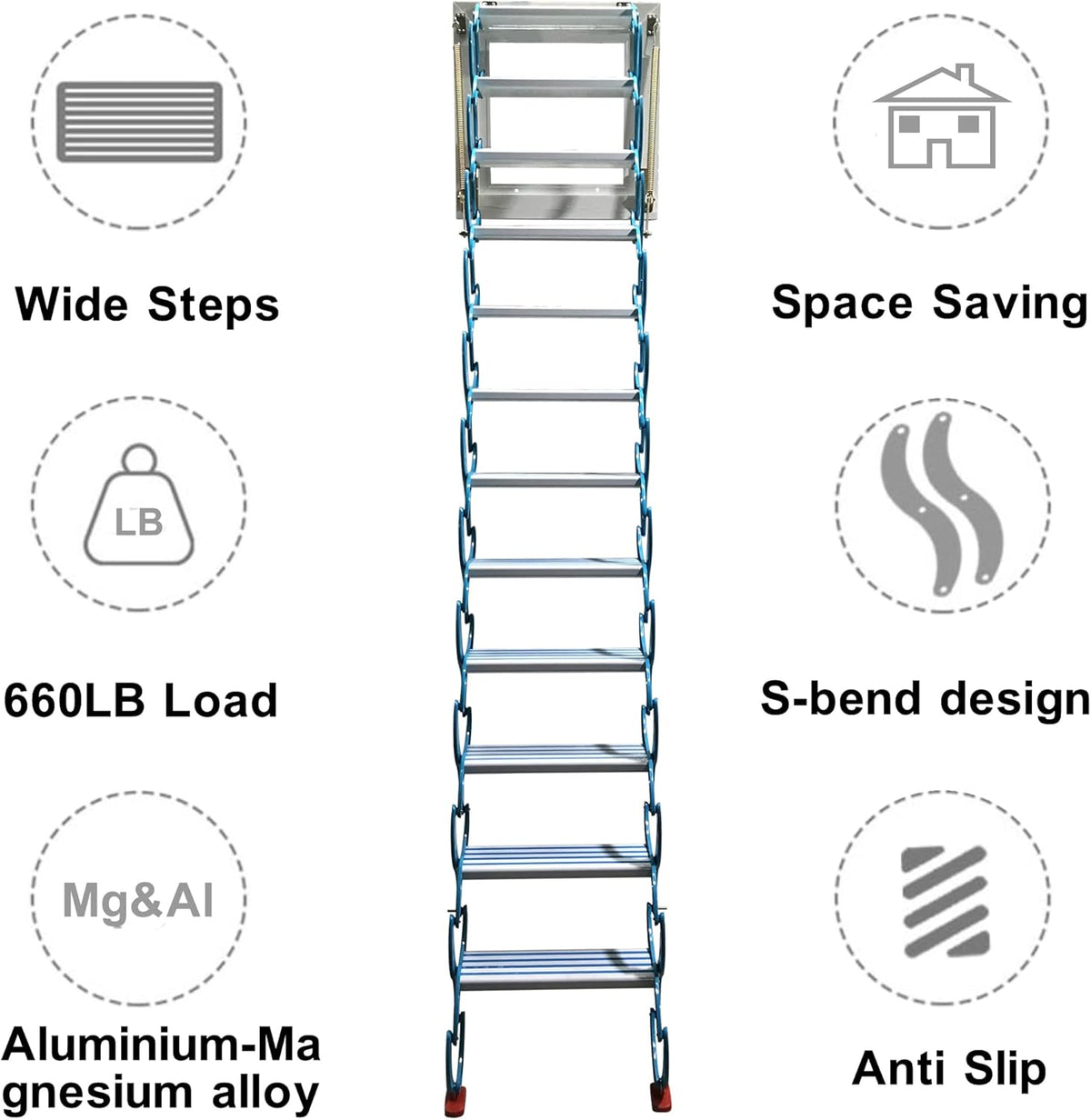 Blue 9.8ft Al-Mg Alloy Folding Attic Ladder with Armrests M719320