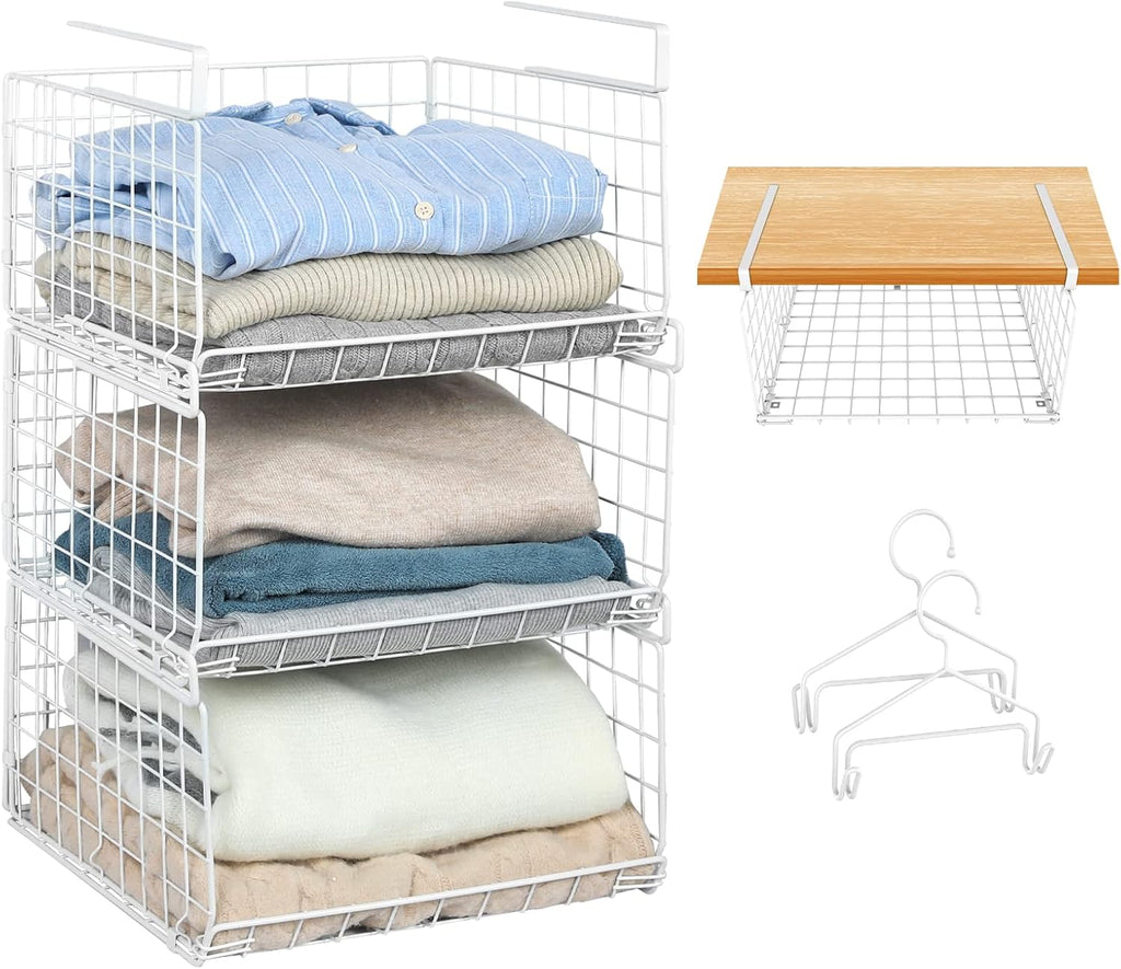3-Tier Under Closet Shelf Basket Hanging Clothes Storage Organizer Metal Wire Rack with 2 hooks R3738