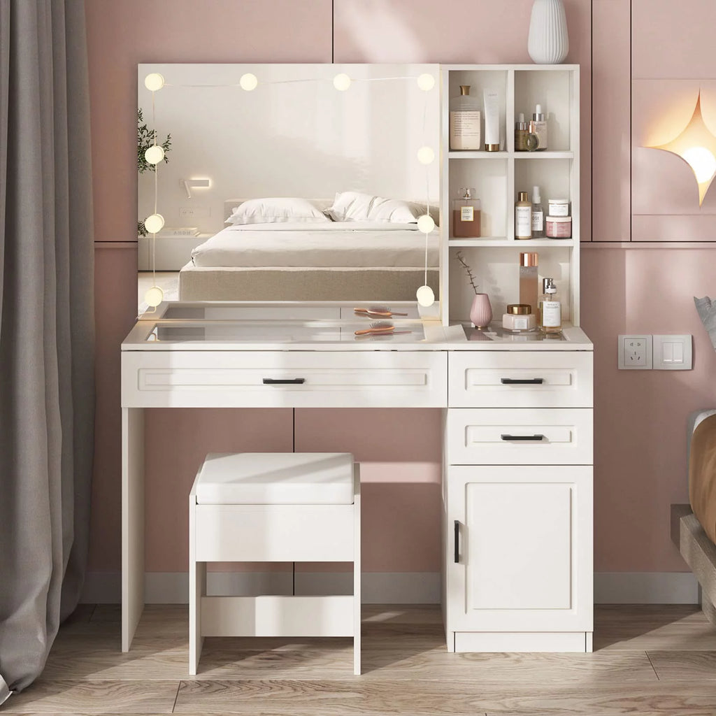 White 45in Vanity Desk Set with Lighted Mirror and Glass Desktop C9283