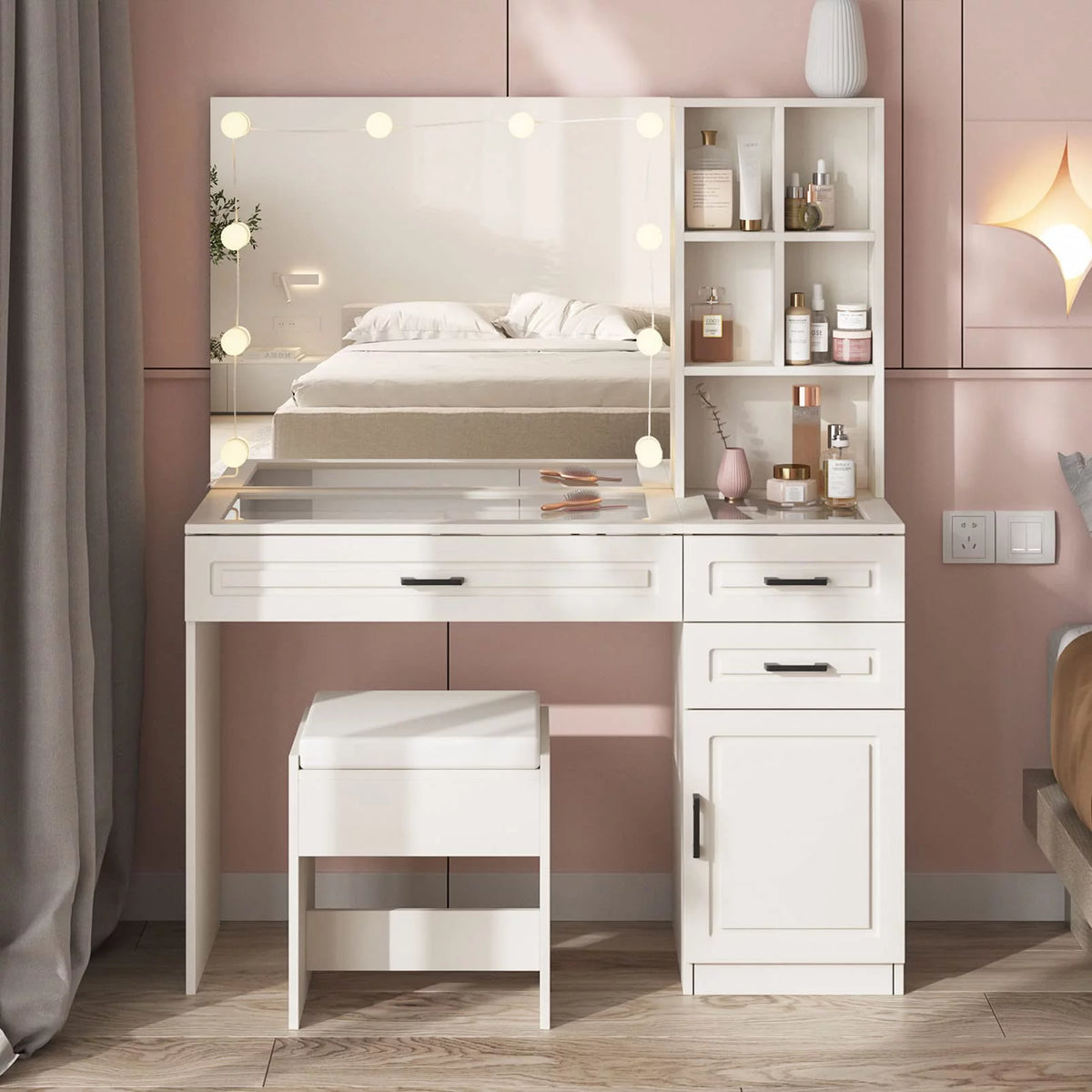 White 45in Vanity Desk Set with Lighted Mirror and Glass Desktop C9283