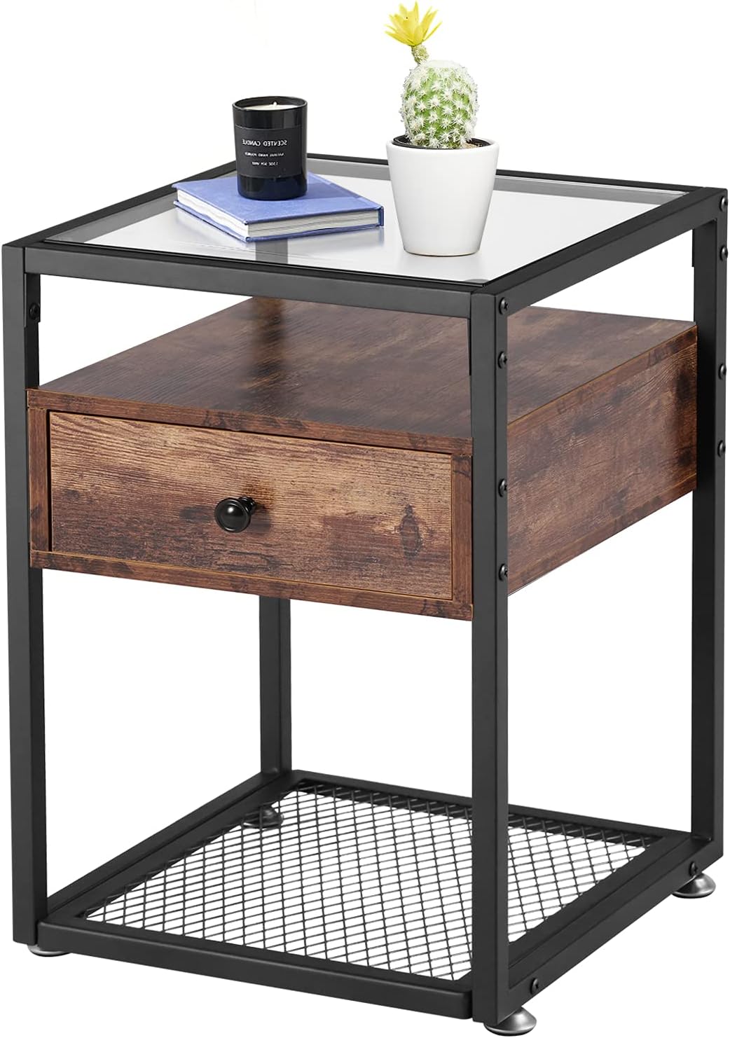 Brown+Black Tempered Glass Nightstand with Drawer G947