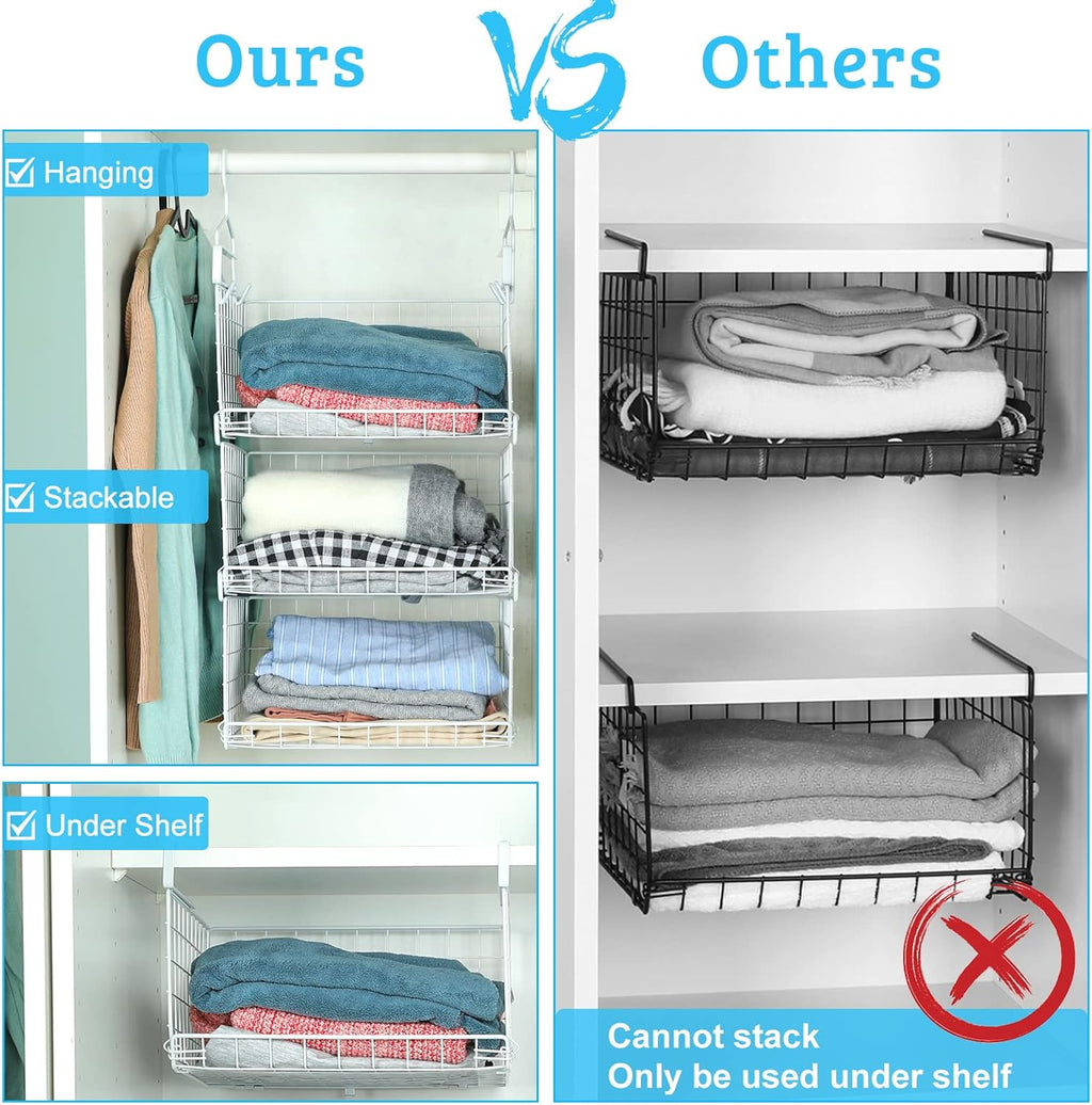 3-Tier Under Closet Shelf Basket Hanging Clothes Storage Organizer Metal Wire Rack with 2 hooks R3738