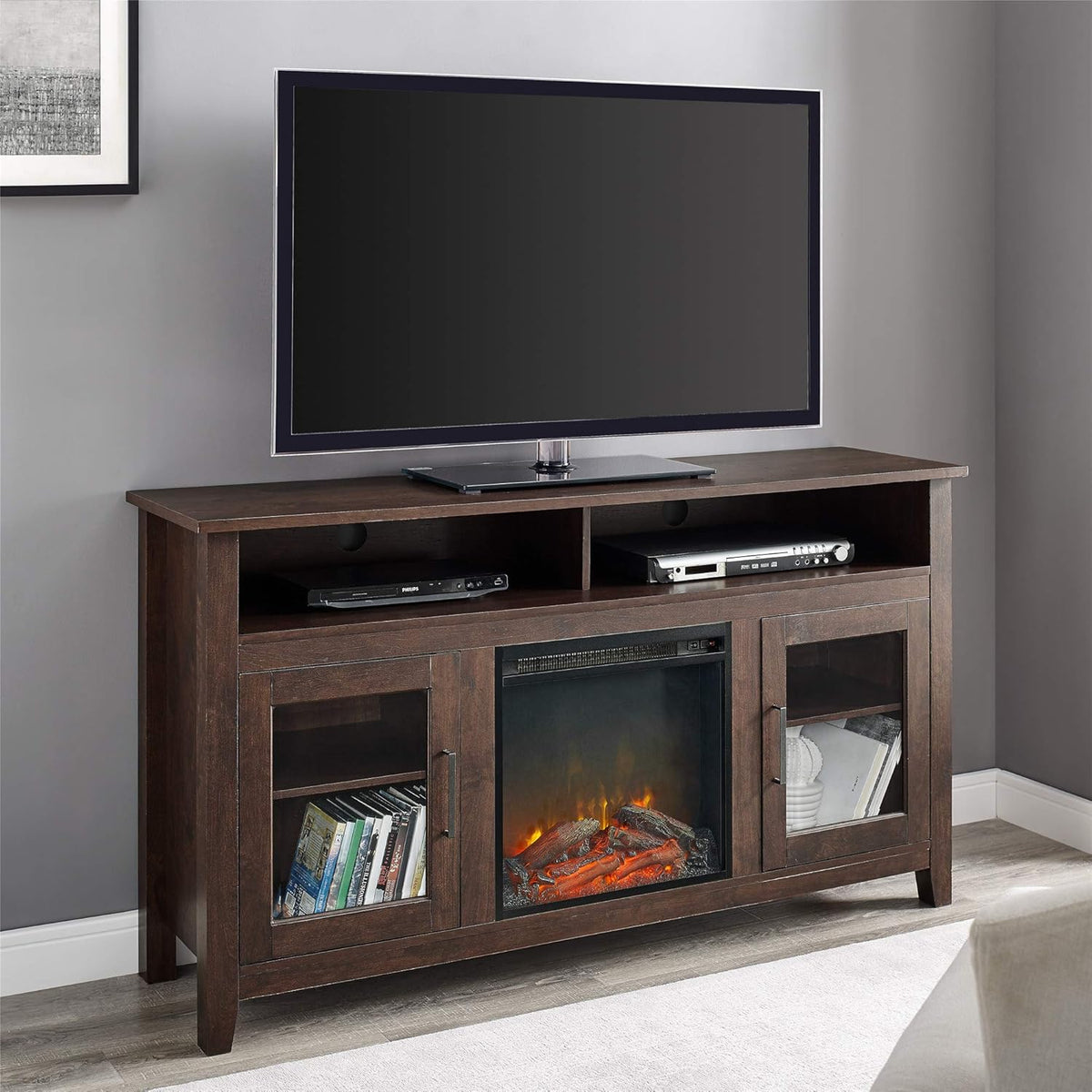 Rustic Wood and Glass Fireplace TV Stand, 58 Inch, Traditional Brown Z137
