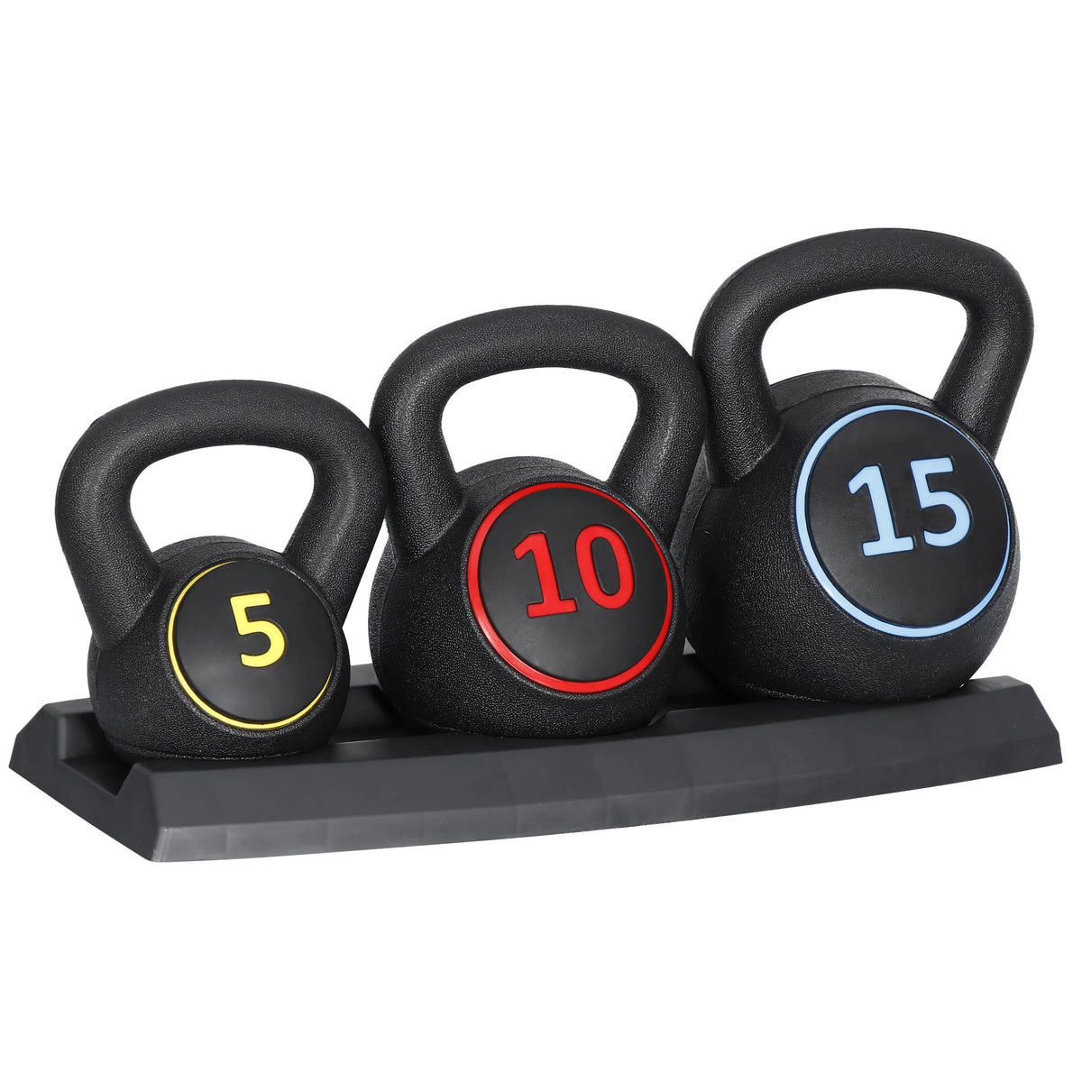 3 Piece 5lb 10lb 15lb Kettlebell Set with Storage Rack T269895