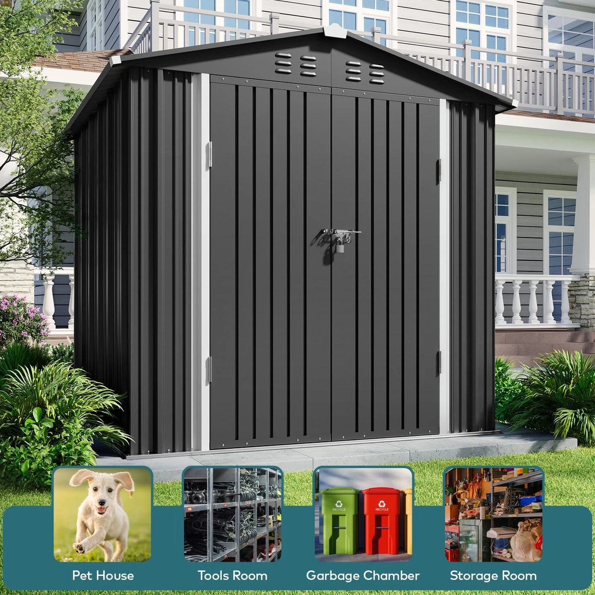 6' x 4' Dark Gray Metal Outdoor Storage Shed with Base Frame U8067