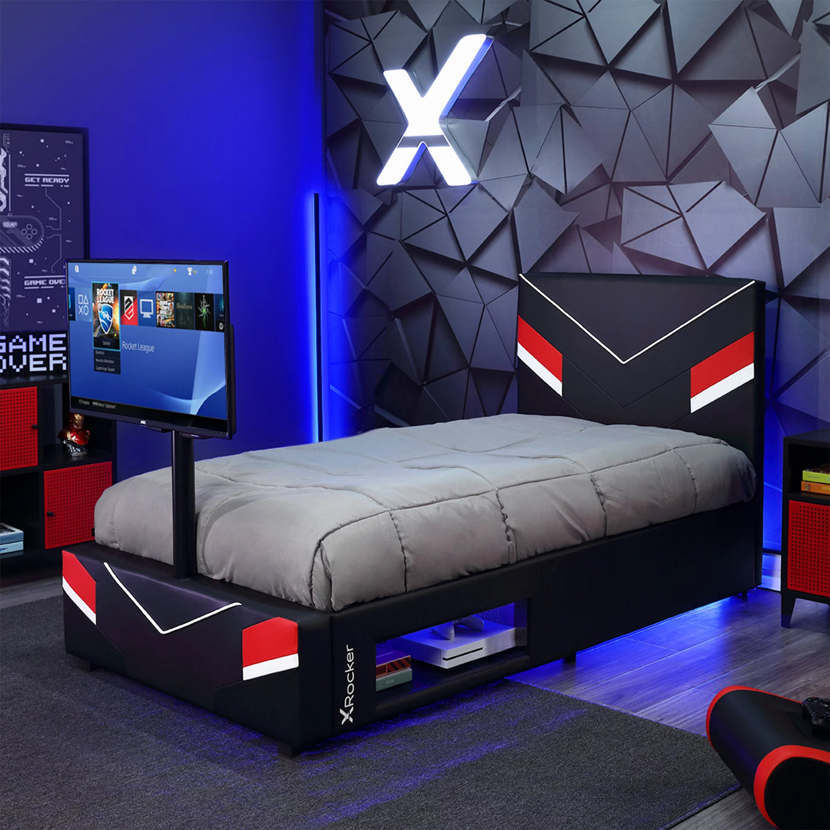 Black Red Twin Gaming Bed Frame with TV Mount N81672