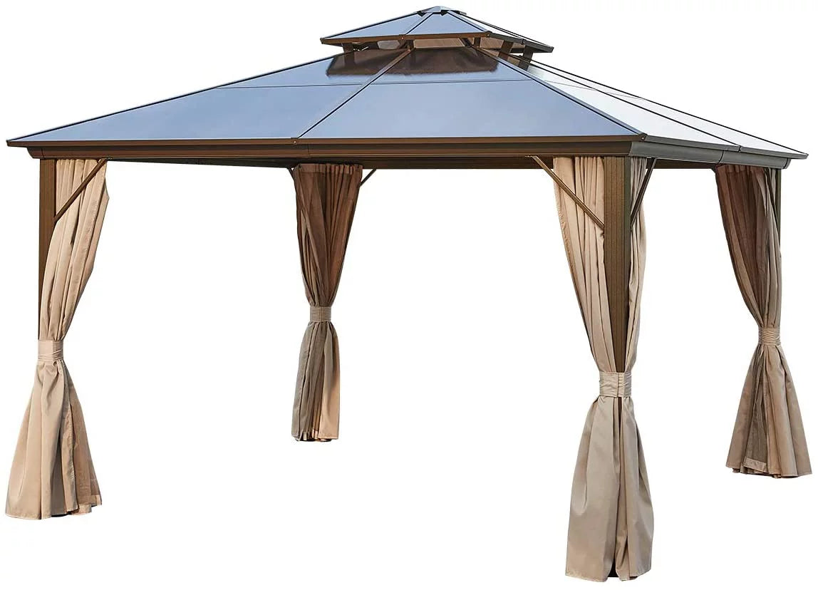 12 ft Polycarbonate Double Roof Hardtop Gazebo Canopy, Beige W926