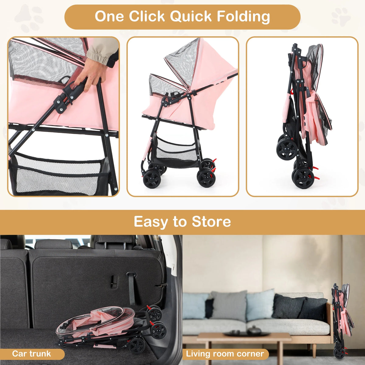 Folding Pet Stroller with Storage Basket, Black W733355