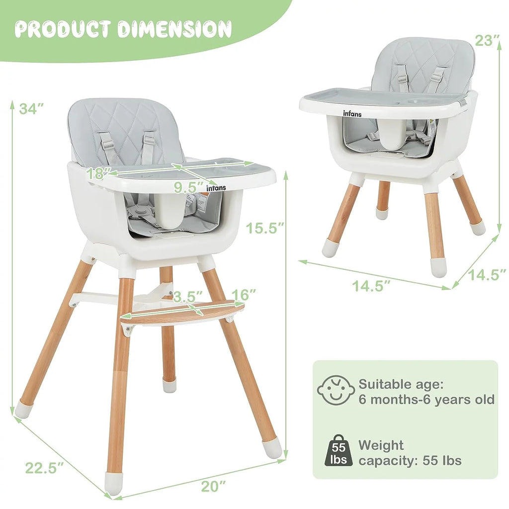 6 in 1 Convertible Wooden High Chair with Removable Tray J6305
