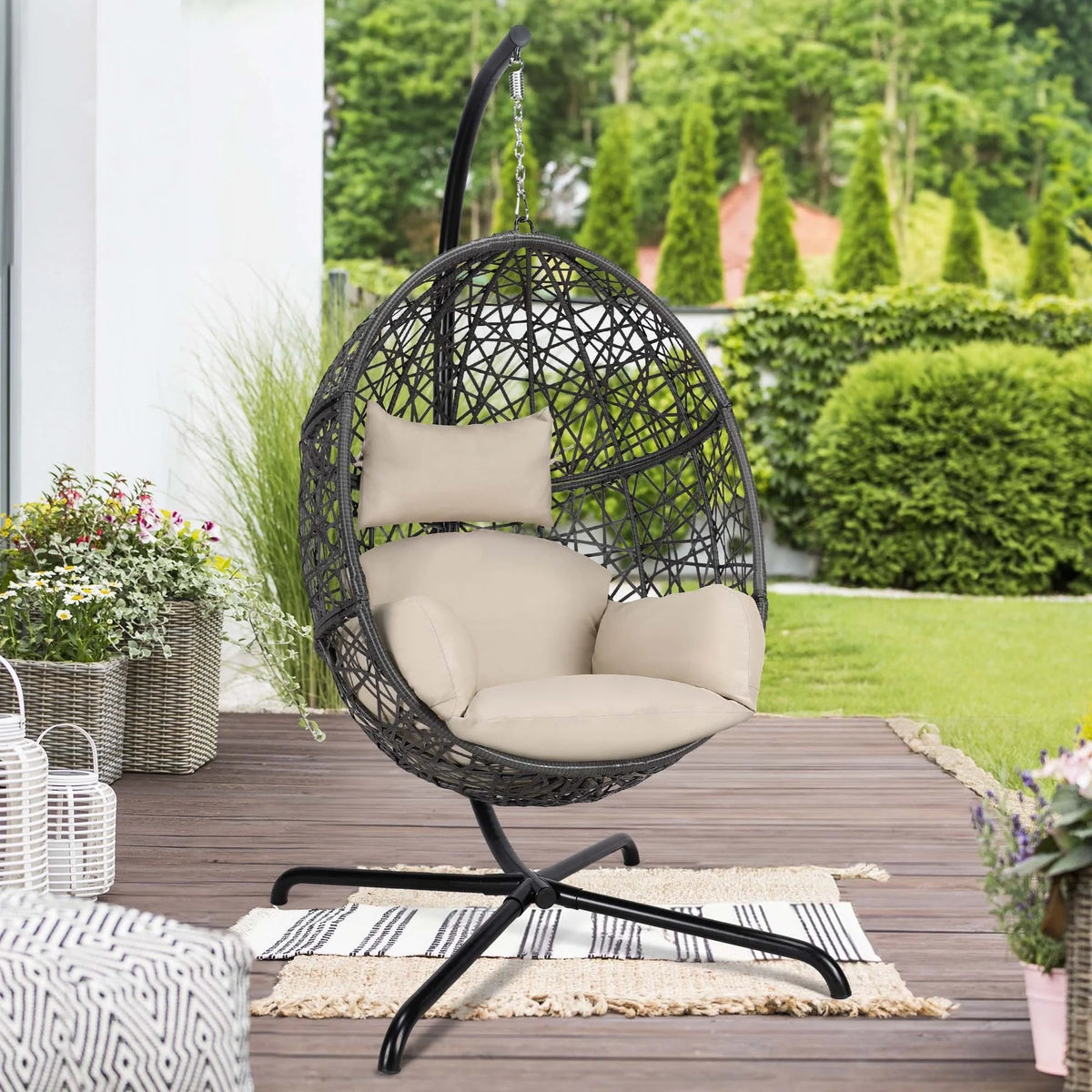 Oversized Black Hanging Swing Egg Chair with Stand and Beige Set J860