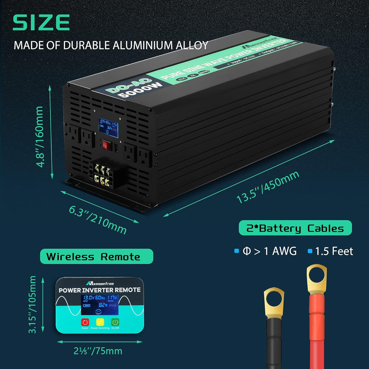 5000W Pure Sine Wave Power Inverter 12V DC to 110V AC with Wireless Remote Control LCD Display G4137