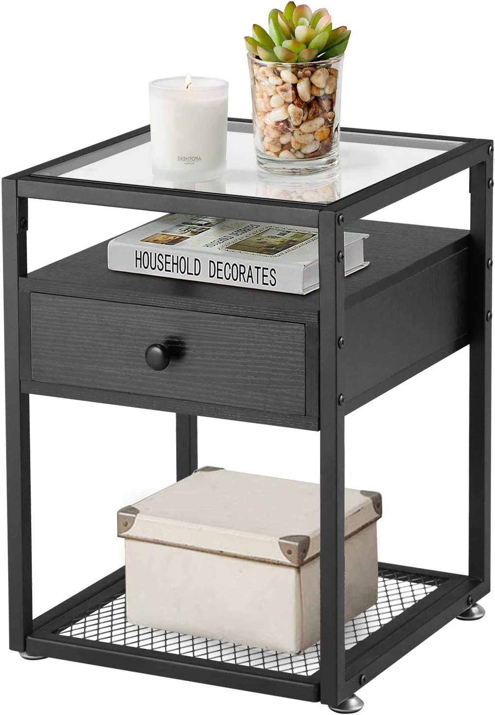 Brown+Black Tempered Glass Nightstand with Drawer G947