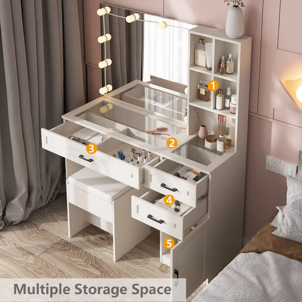 White 45in Vanity Desk Set with Lighted Mirror and Glass Desktop C9283
