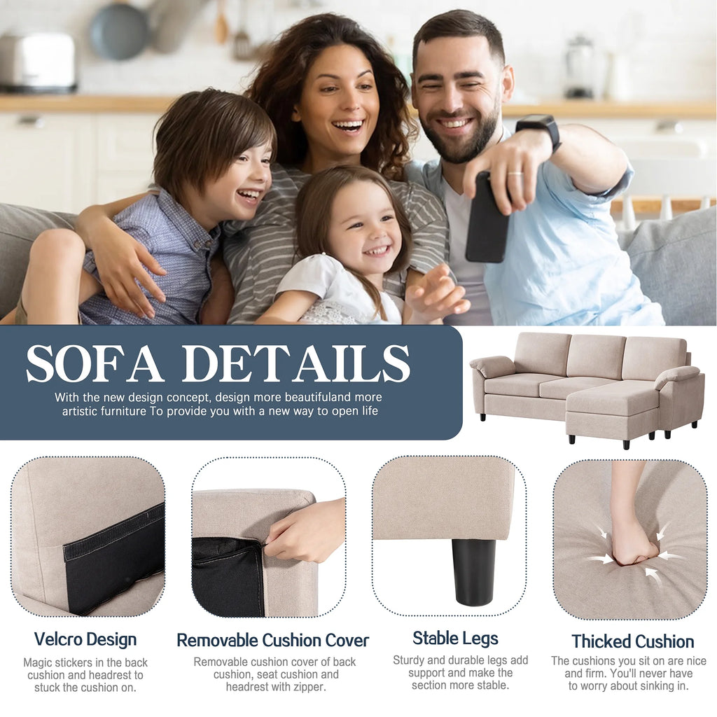 Convertible Sectional Sofa Couch, 3 Seat L Shaped Sofa with Removable Pillows Linen Fabric (Gray) K260806