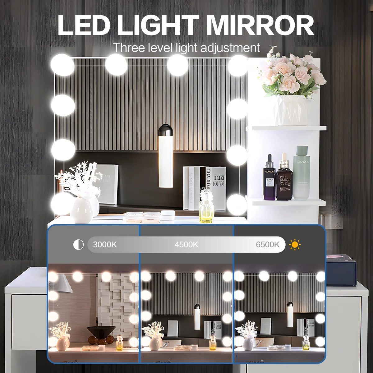 White Makeup Vanity Desk with Lighted Mirror and Stool Y953876