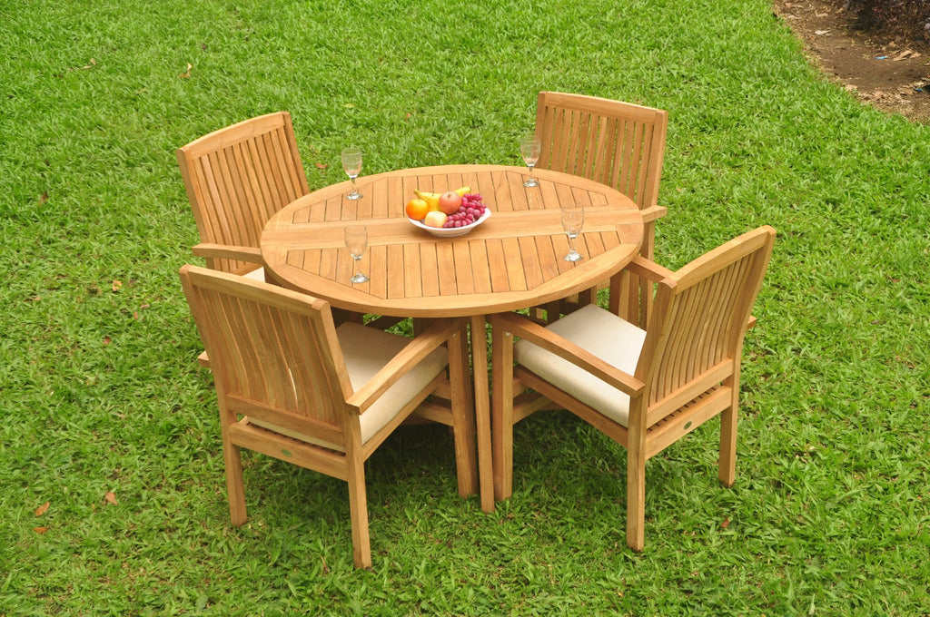 Grade-A Teak 5 Pc Dining Set with 48" Round Butterfly Table and 4 Stacking Arm Chairs Y4546