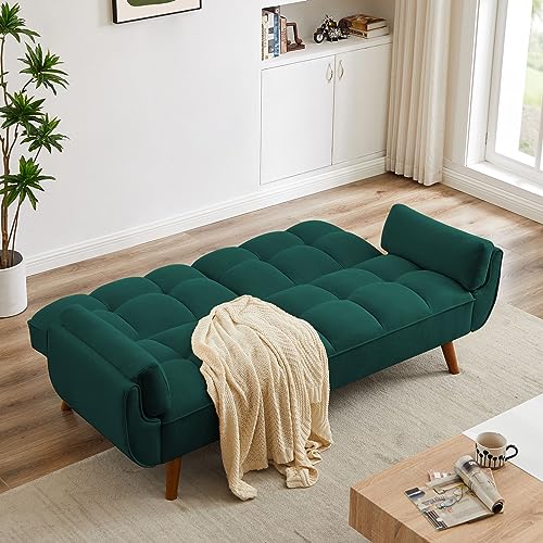 76 Inch Tufted Linen Fabric Convertible Sleeper Sofa with Adjustable Positions and Solid Wooden Legs, Yellow S337