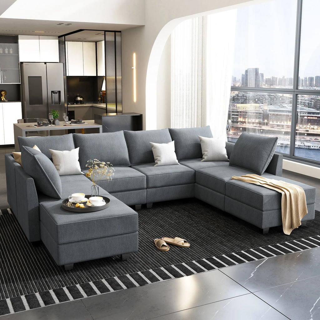 Bluish Grey Convertible Sleeper Sofa with Storage Ottomans V423