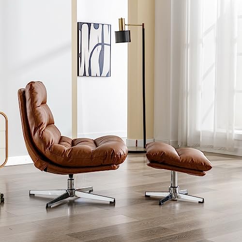 Cream Linen Swivel Accent Chair with Ottoman L90467