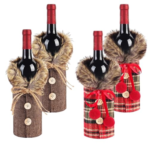 4Pcs Christmas Wine Bottle Cover Linen Plaid V9554