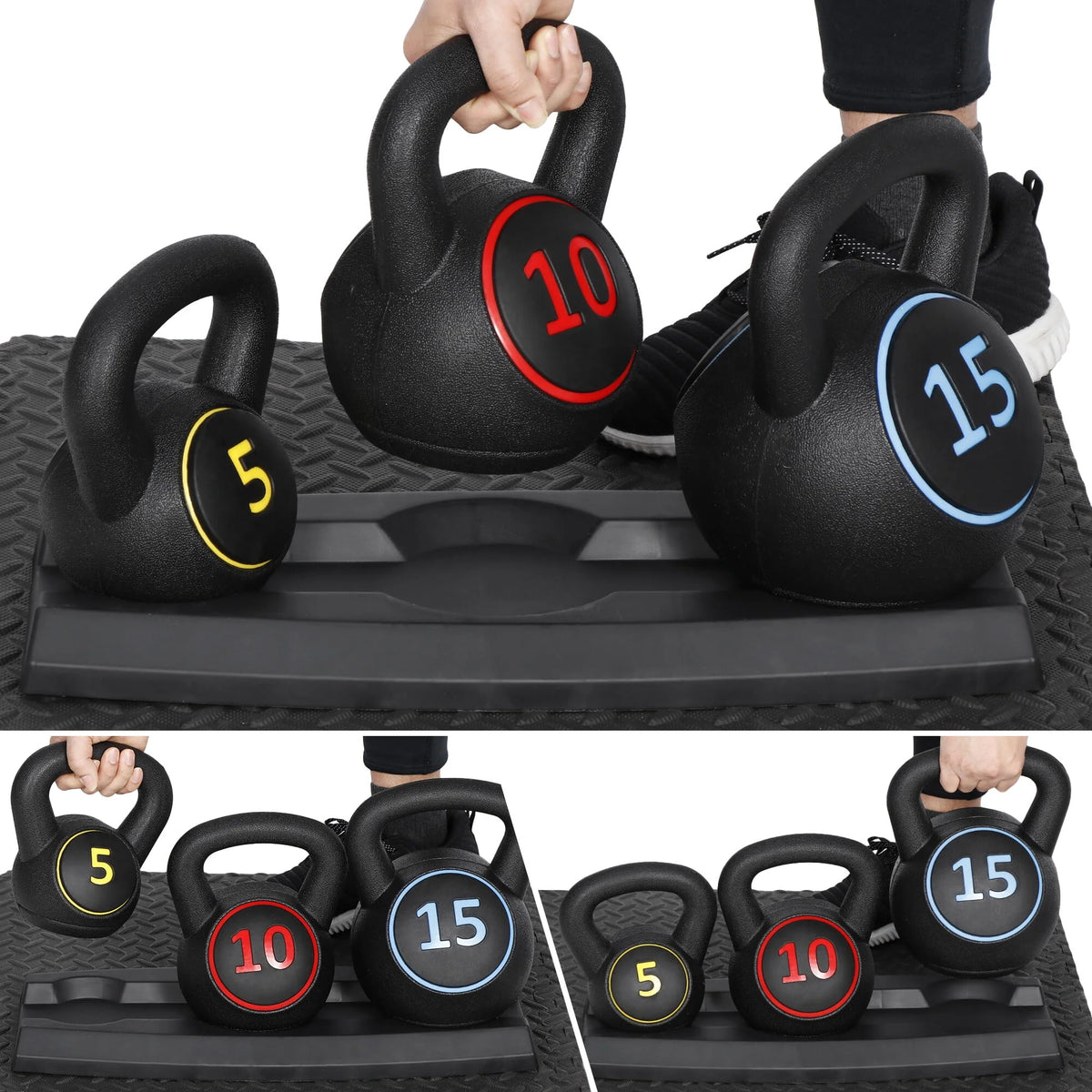 3 Piece 5lb 10lb 15lb Kettlebell Set with Storage Rack T269895