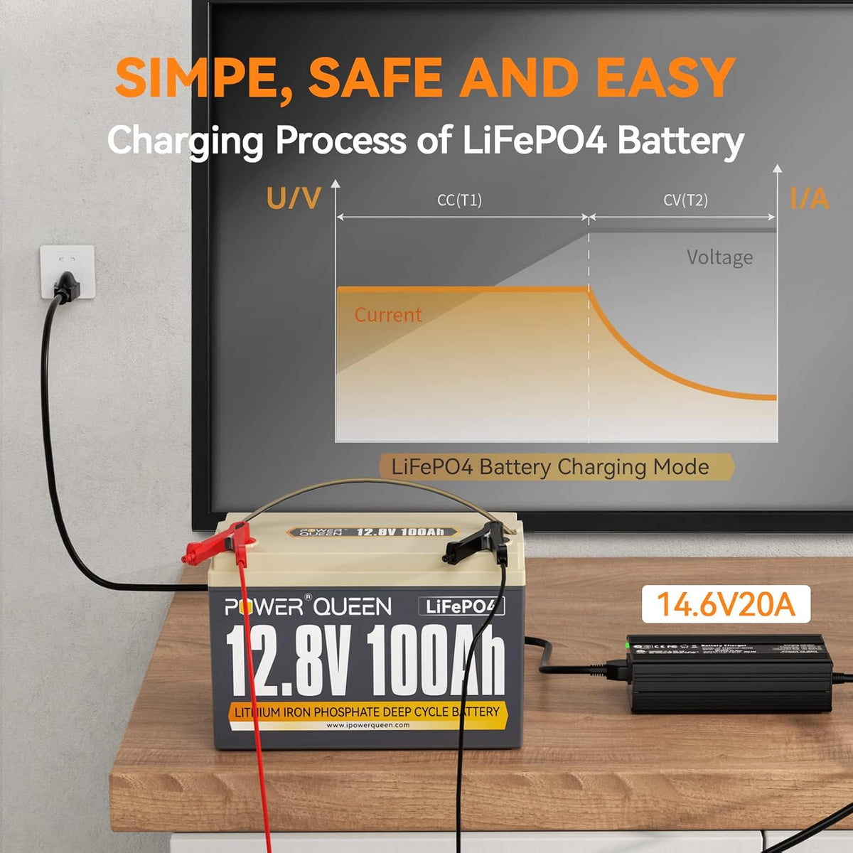 12.8V 100Ah LiFePO4 Battery with 14.6V 20A LiFePO4 Battery Charger A1924