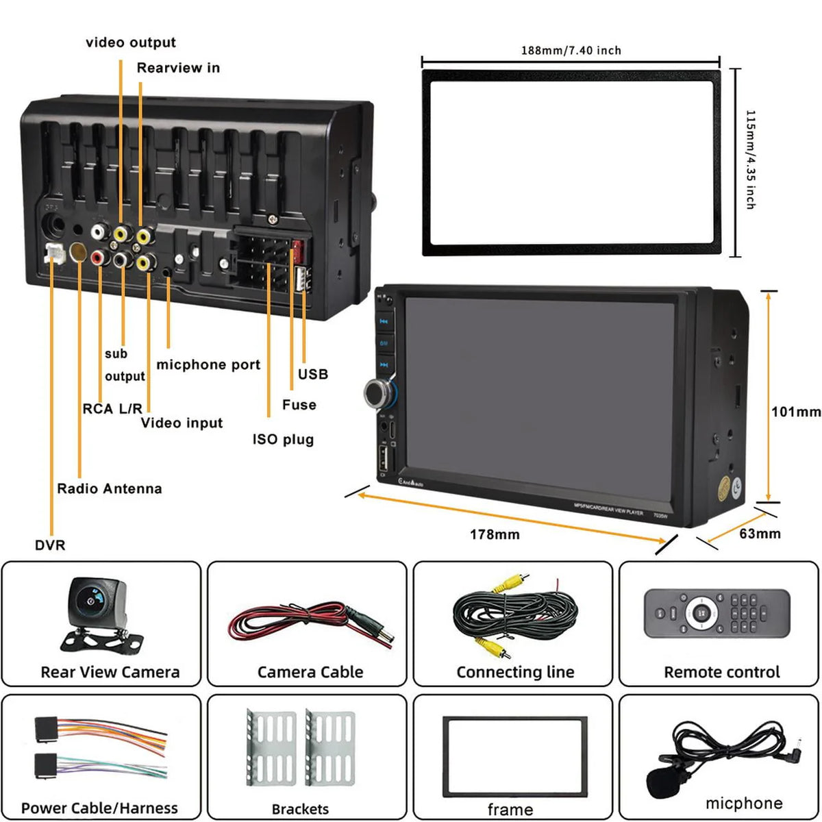 Double Din Car Stereo with 7 Touchscreen Bluetooth Rear Camera U88281