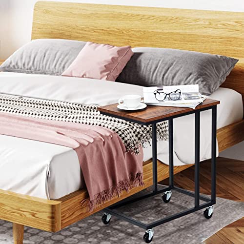 Mobile C Shaped Side Table with Lockable Wheels (Walnut) B8091