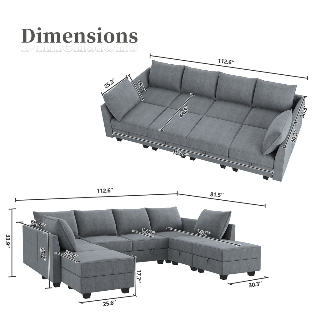 Bluish Grey Convertible Sleeper Sofa with Storage Ottomans V423
