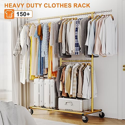 Gold Rolling Heavy Duty Clothes Rack with Wheels 17.7" D x 69.1" W x 71.9" H S85781