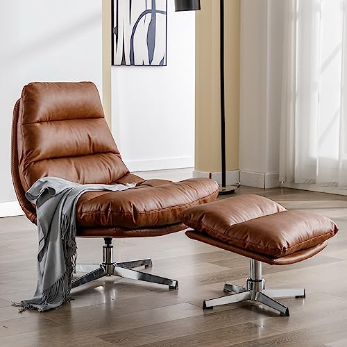 Cream Linen Swivel Accent Chair with Ottoman L90467