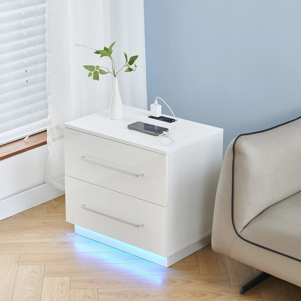 White High Gloss End Table with Charging Station and Storage Drawer O24834