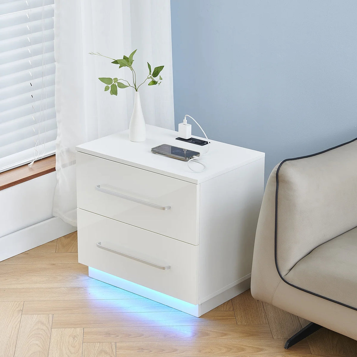 White High Gloss End Table with Charging Station and Storage Drawer O24834