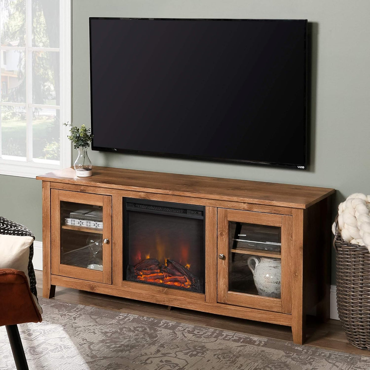 Rustic Wood and Glass Fireplace TV Stand, 58 Inch, Traditional Brown Z137
