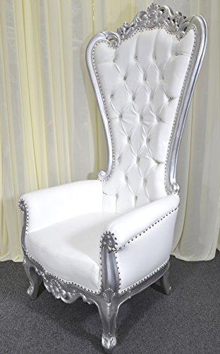 Silver Baroque Hand Carved Throne Chair with White Vinyl W359223