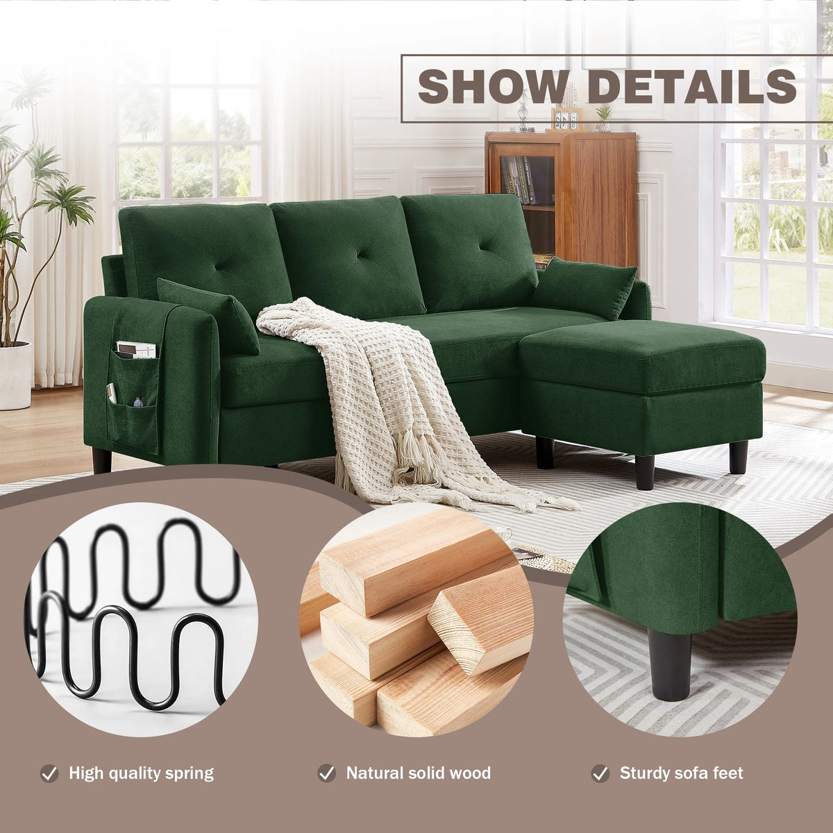 Green L-Shaped Convertible Sectional Sofa with Chaise P19767