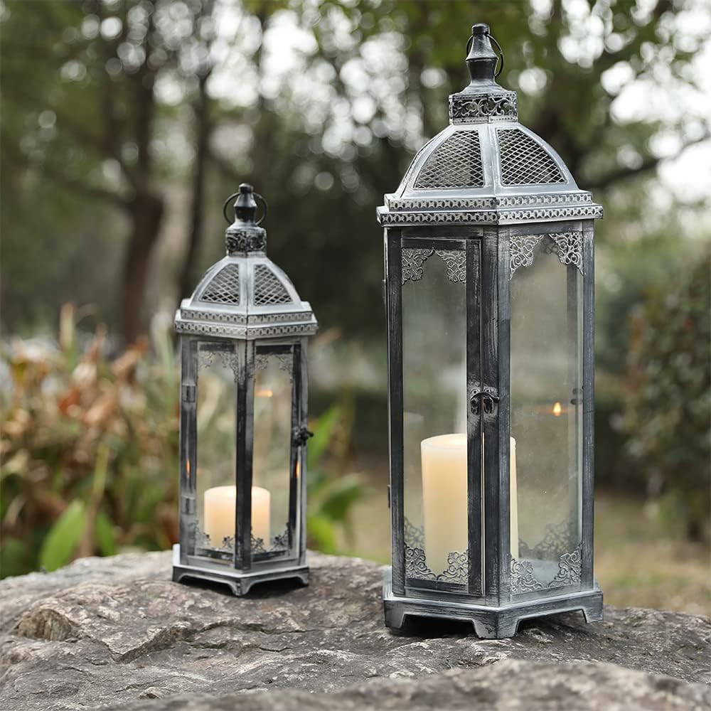 Set of 2 Hanging Metal Candle Lanterns with Tempered Glass, Dark Cement Color P575