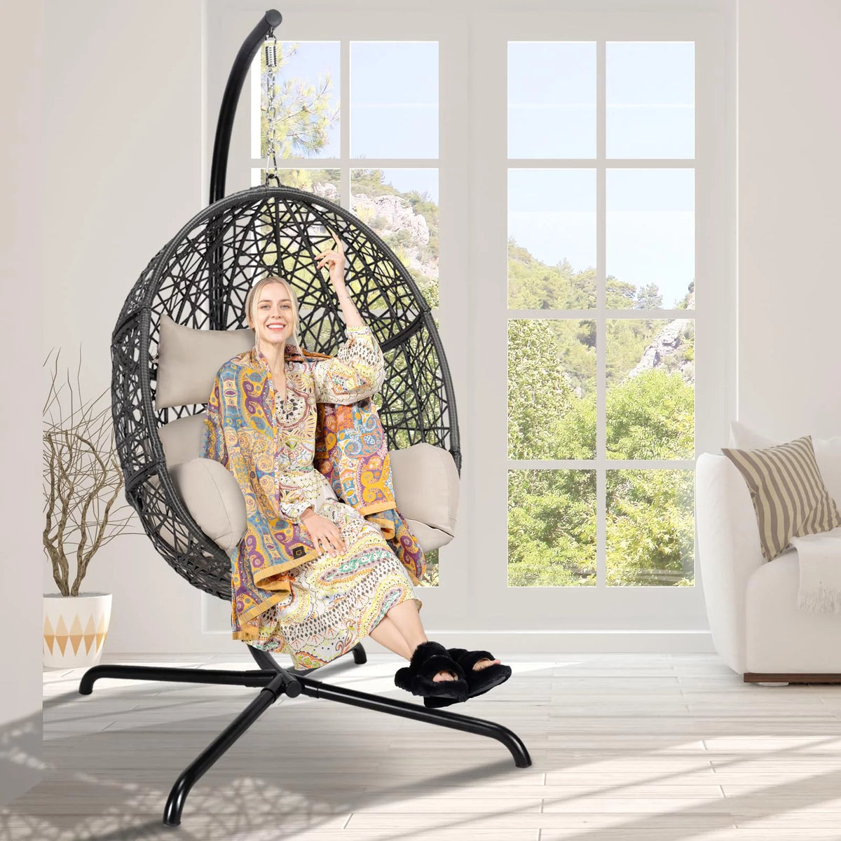 Oversized Black Hanging Swing Egg Chair with Stand and Beige Set J860