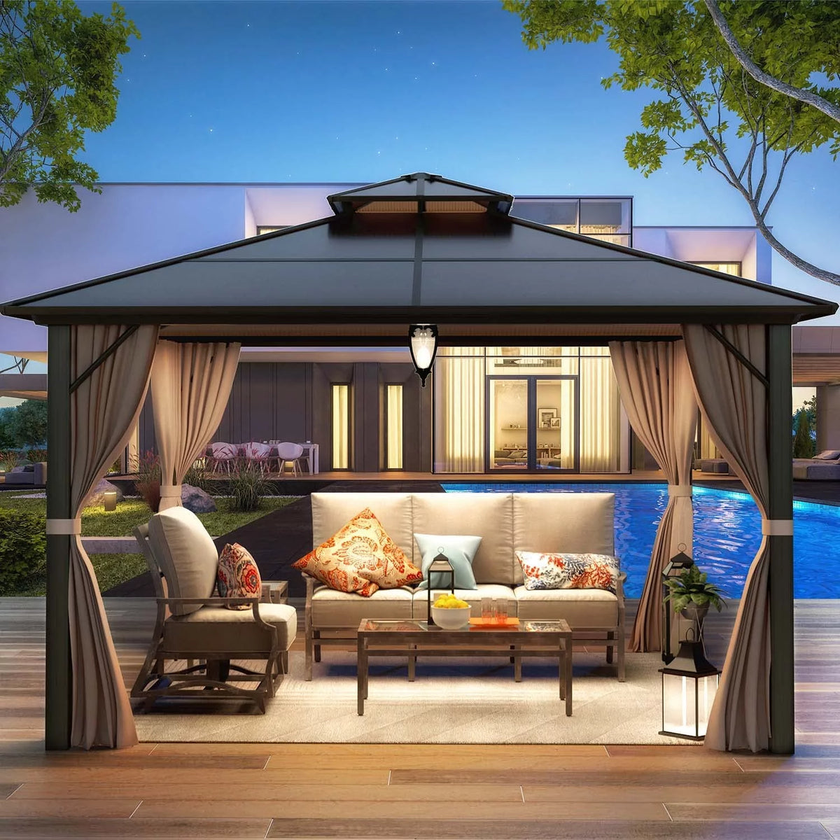 12 ft Polycarbonate Double Roof Hardtop Gazebo Canopy, Beige W926