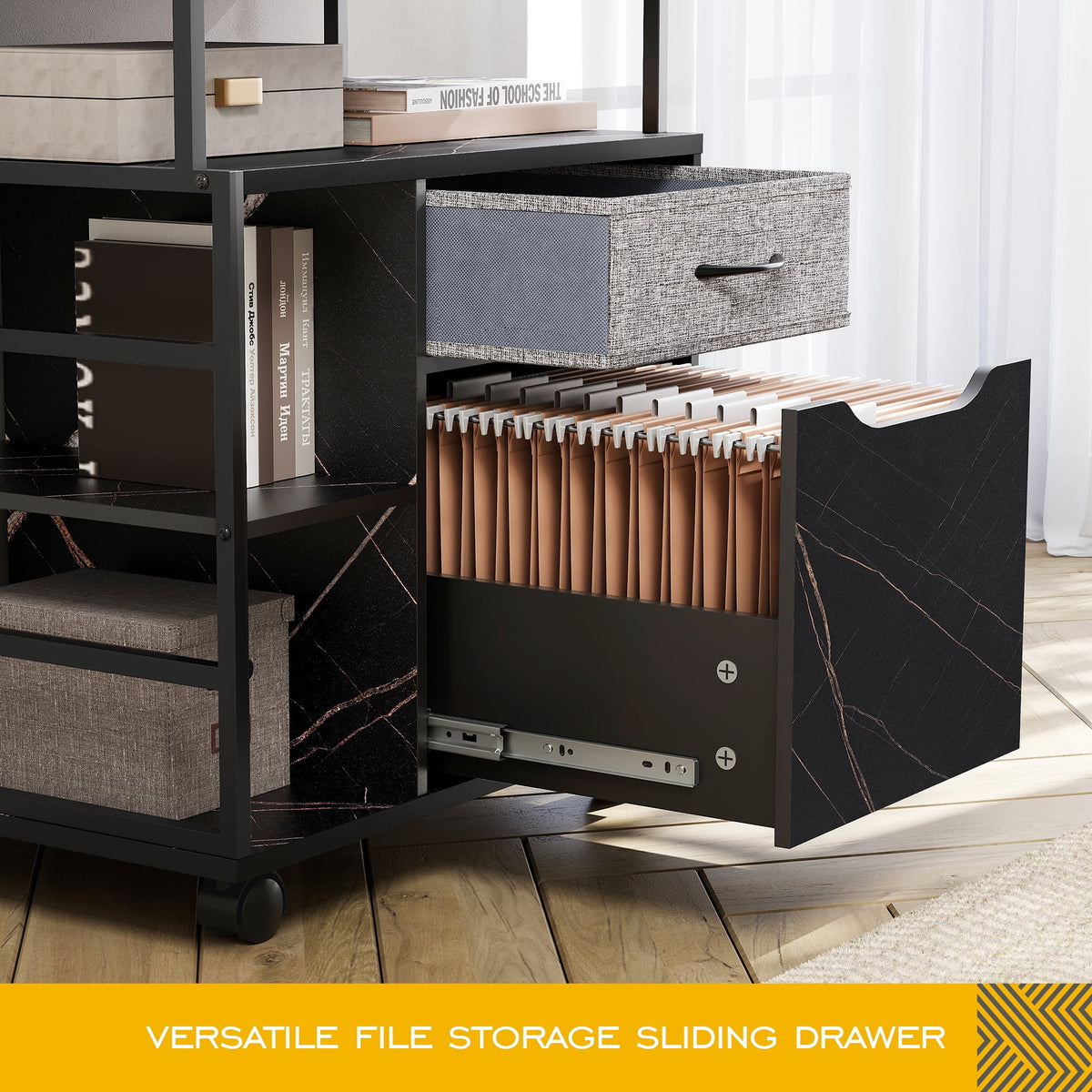 Black Marbled Mobile Office Storage Cabinet with Sliding Filing Drawers E97929
