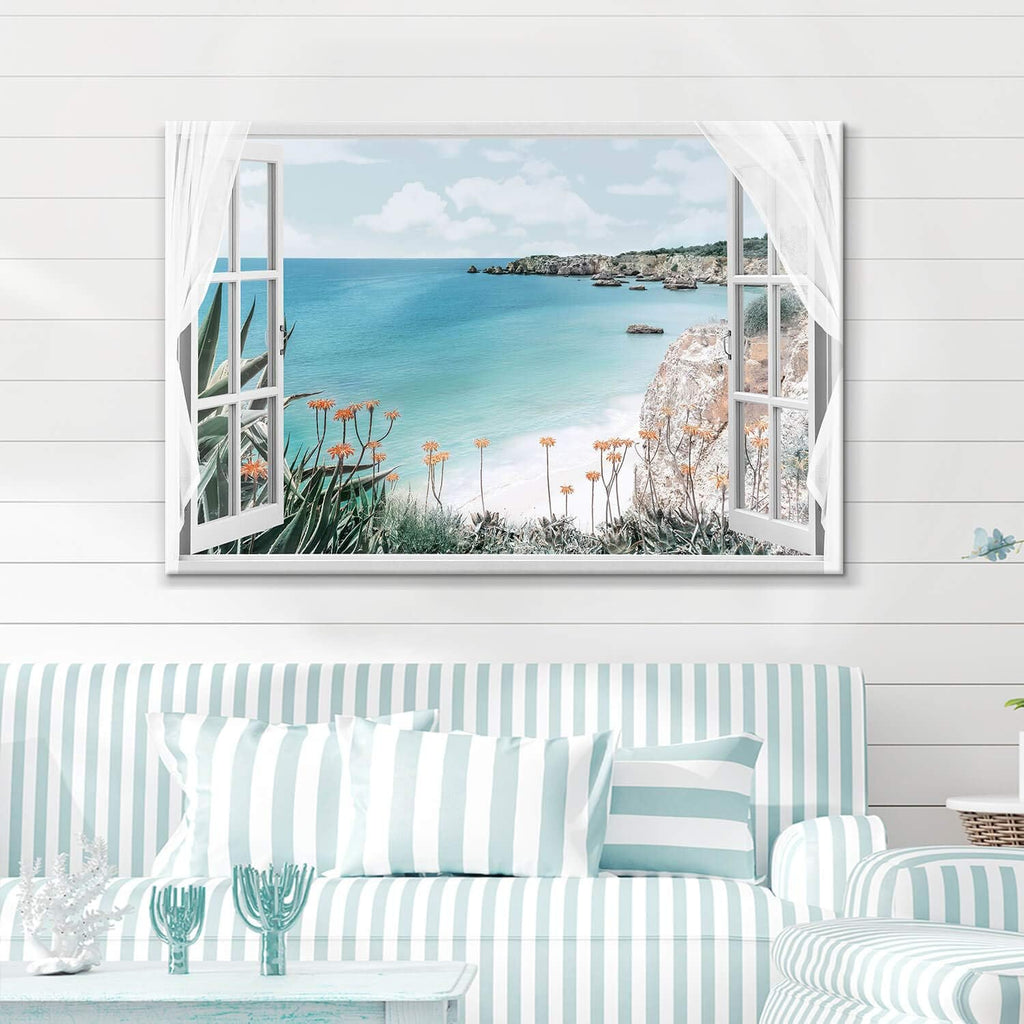 Blue Ocean Beach Window Canvas Art 36'' x 24'' I820652