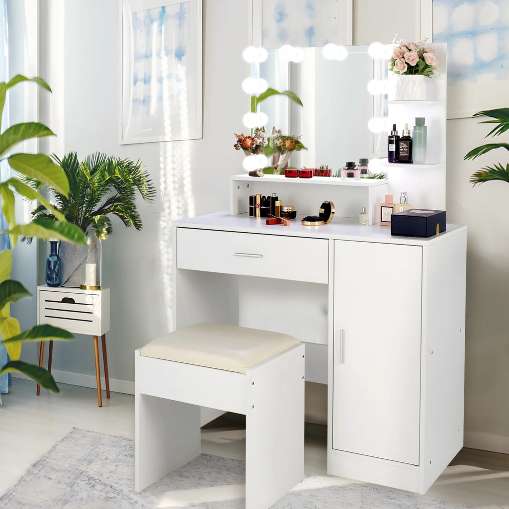 White Makeup Vanity Desk with Lighted Mirror and Stool Y953876