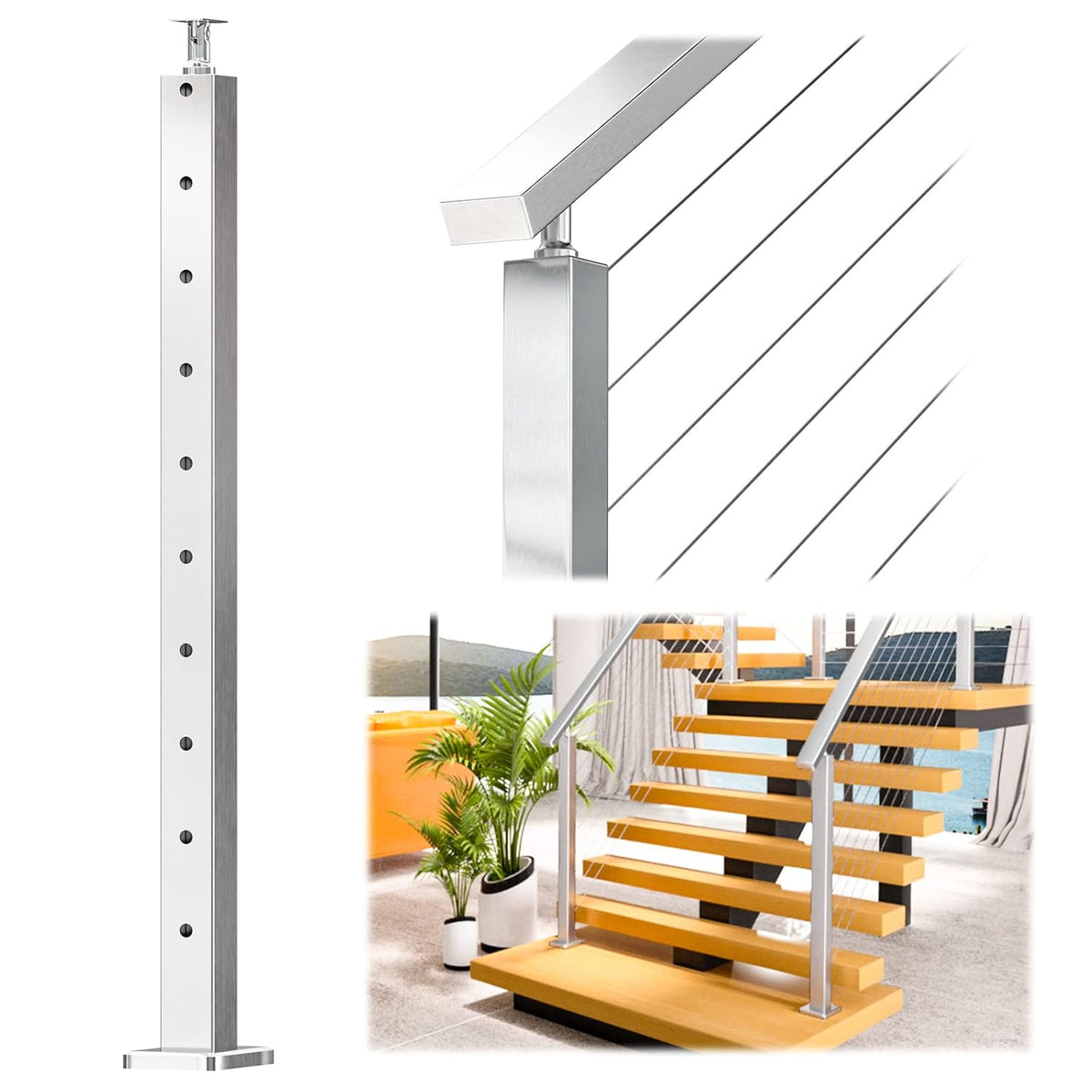 Square 36x2x2 Stainless Steel Brushed Cable Railing Post V699