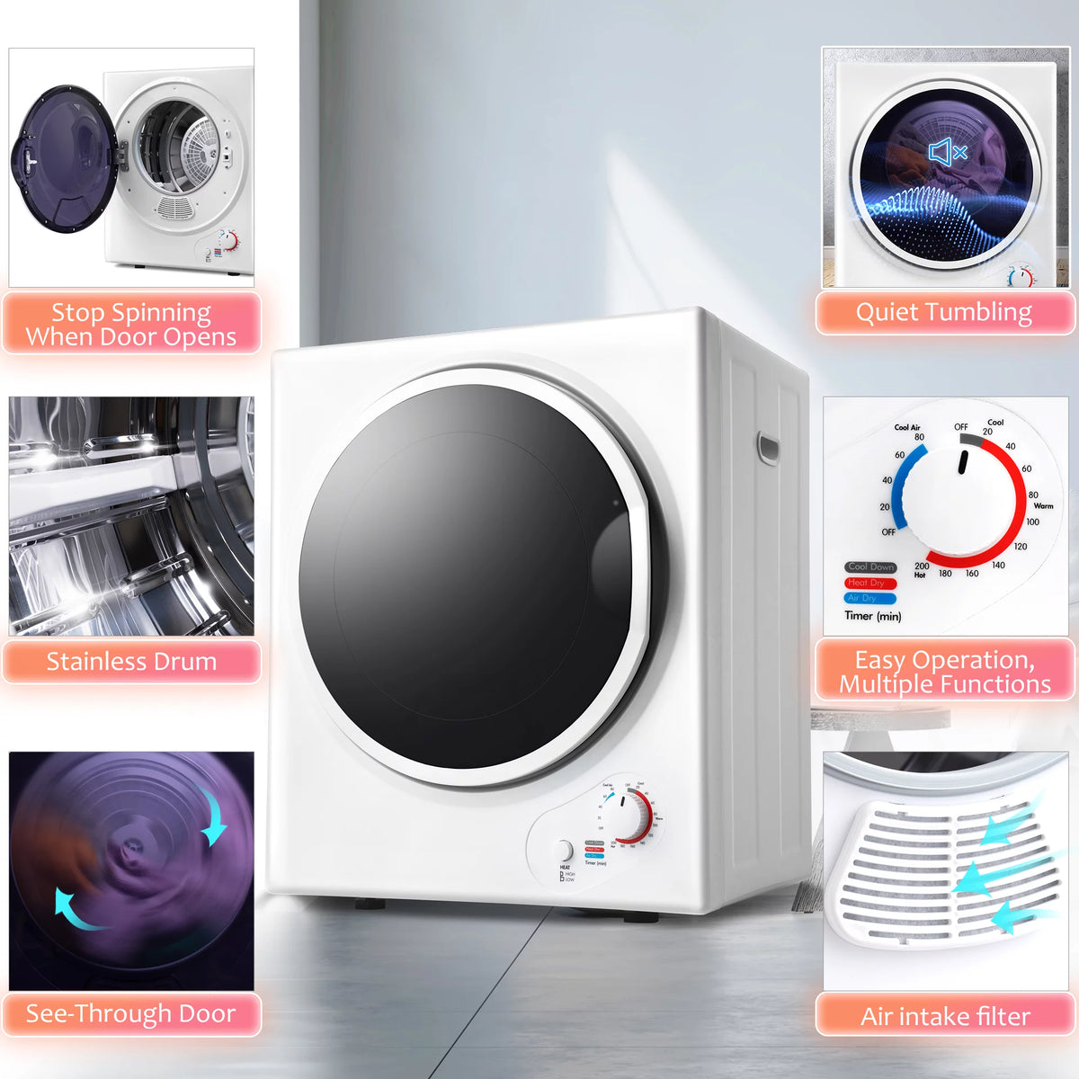 850W Portable Front Load Electric Clothes Dryer with 5 Drying Modes T295
